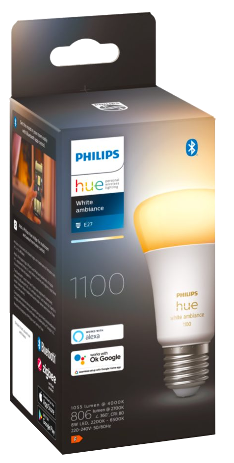 Philips Hue okos izzó doboza. Fehér izzóval és Bluetooth és Alexa logókkal ellátott márkajelzéssel rendelkezik.