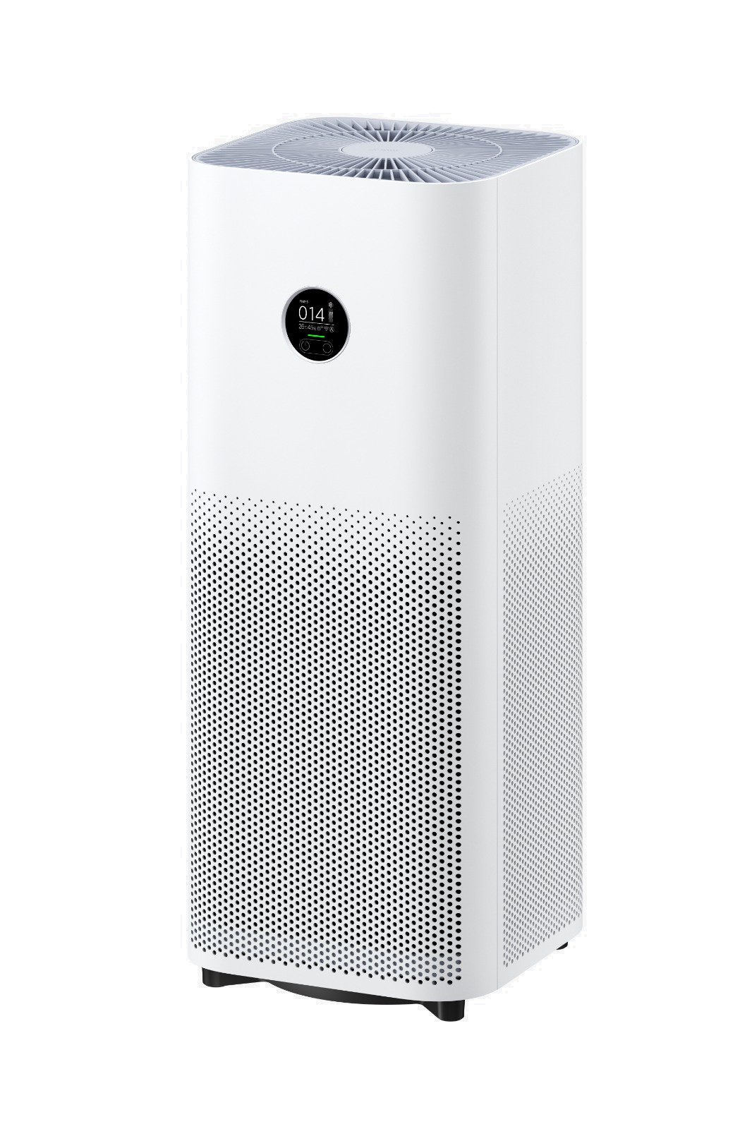 Beyaz hava temizleyici. Siyah arka plan üzerinde ekran ve hava girişi olan dikdörtgen şekil.