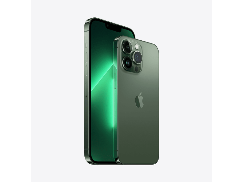 Dos iPhones verdes, uno mostrando la pantalla, otro la parte trasera, sobre fondo blanco.