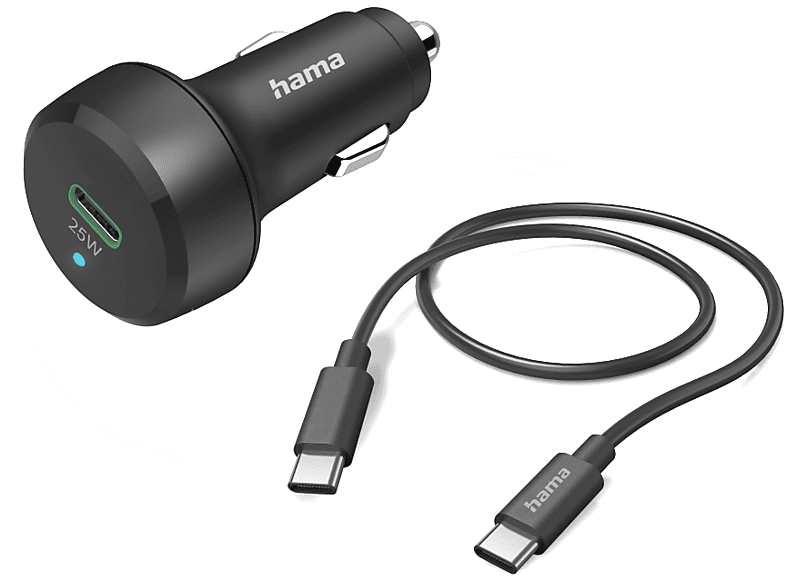 Hama Auto-Schnellladegerät mit Ladekabel USB-C, PD, 25 W, 1 m, Schwarz; Kfz-Ladegerät