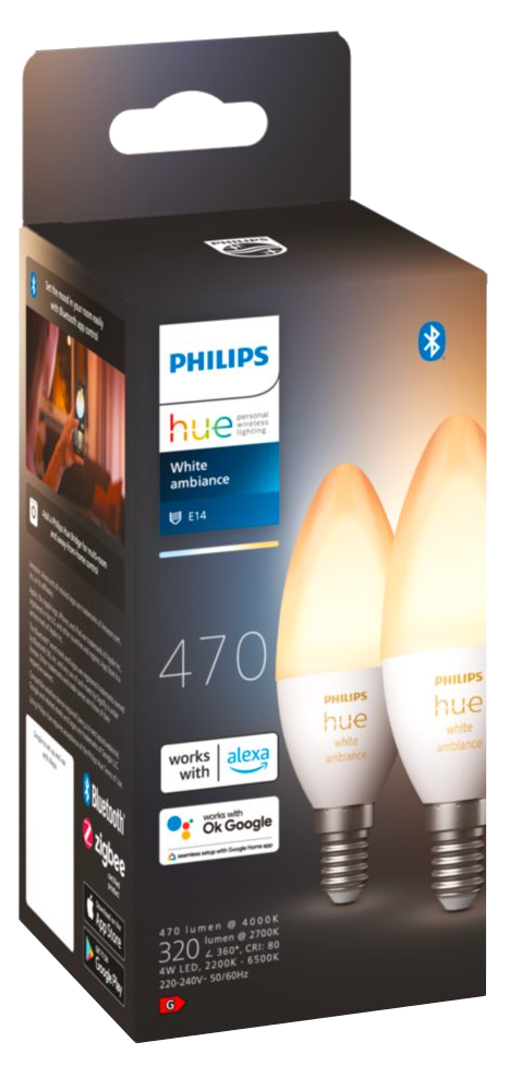 Két Philips Hue white ambiance E14 izzó doboza a csomag részleteivel.