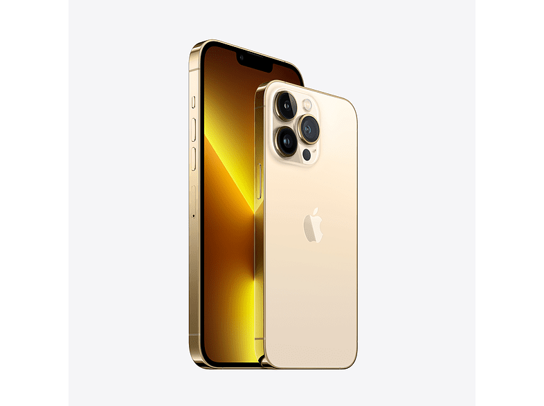 iPhone 13 dorado, frontal y posterior, sobre superficie blanca.