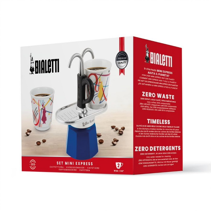 Bialetti Set Mini Express, kávéfőzővel, csészékkel és babokkal.