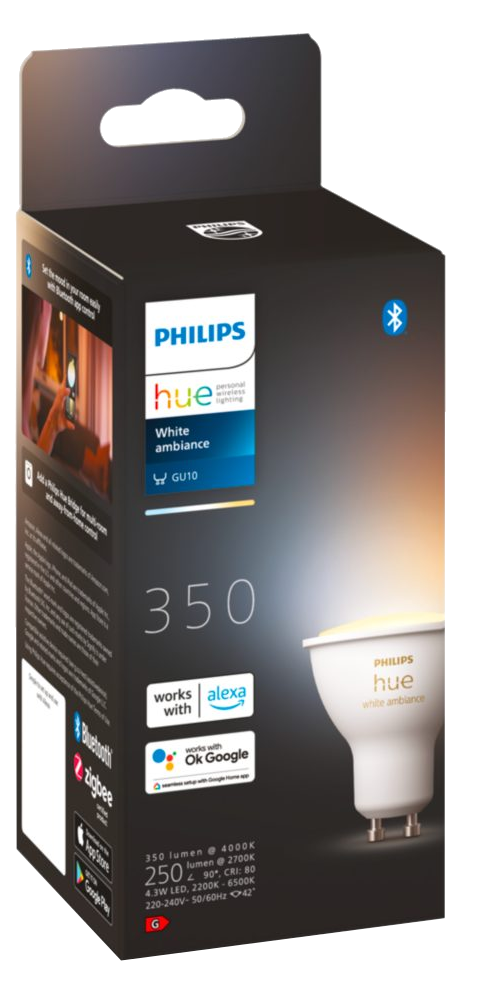 Egy Philips Hue GU10 izzó fekete dobozban, márkajelzéssel.