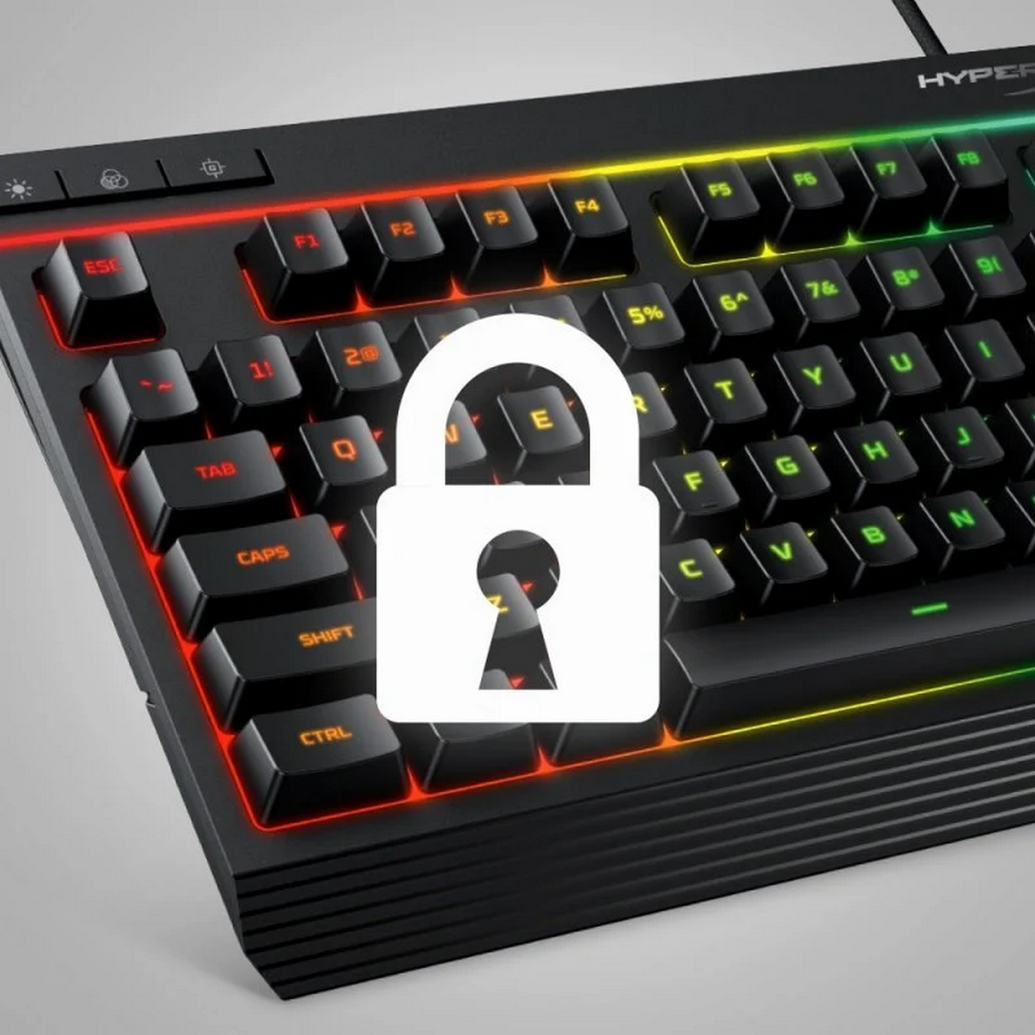 Teclado mecánico negro con luces de colores, un gráfico de candado blanco superpuesto en las teclas. Vista de cerca.