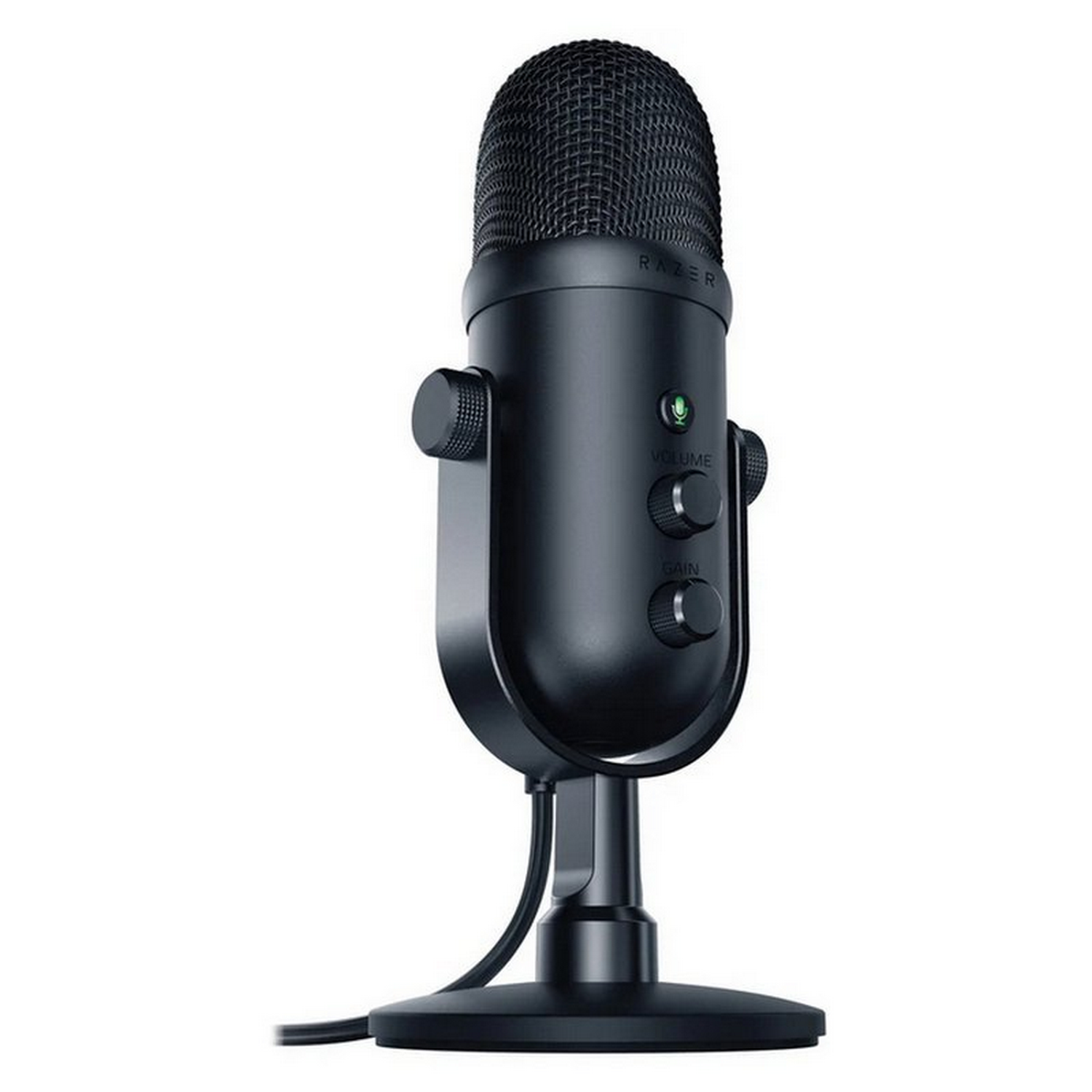 Micrófono Razer negro con controles de volumen y ganancia, montado en un soporte. El logotipo de Razer es visible.