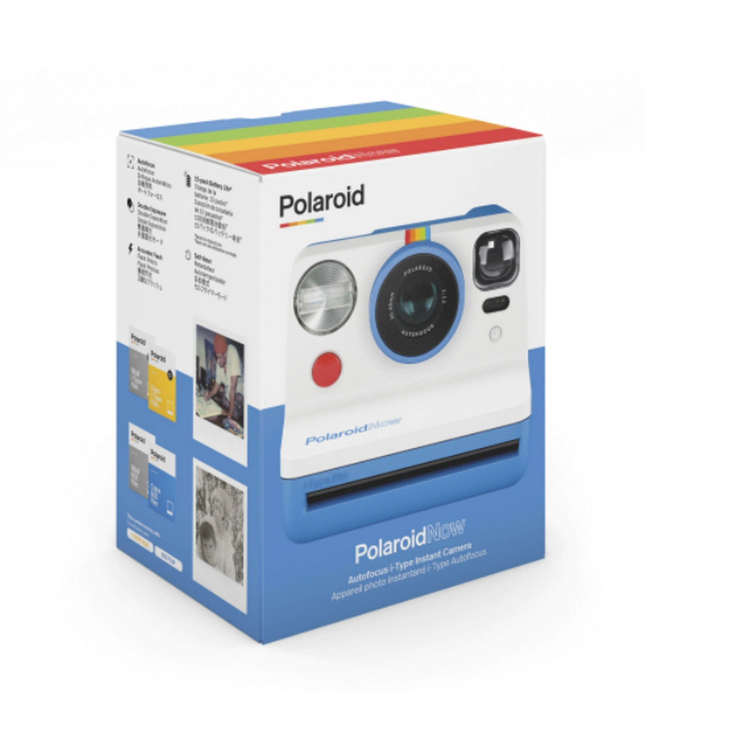Caja de cámara Polaroid. Es azul y blanca con un arcoíris y una imagen de cámara.