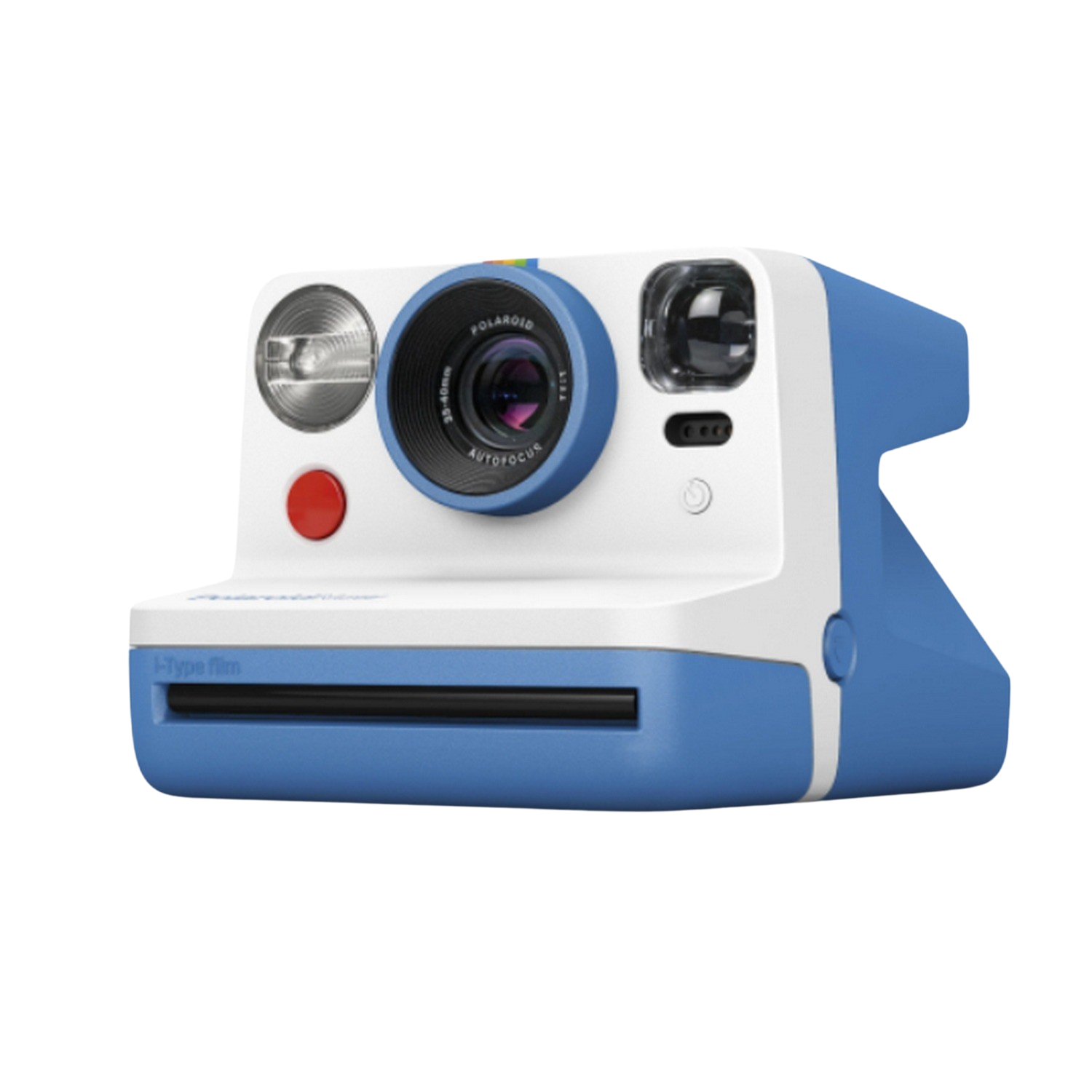 Una cámara Polaroid azul y blanca con un botón rojo y un fondo negro.