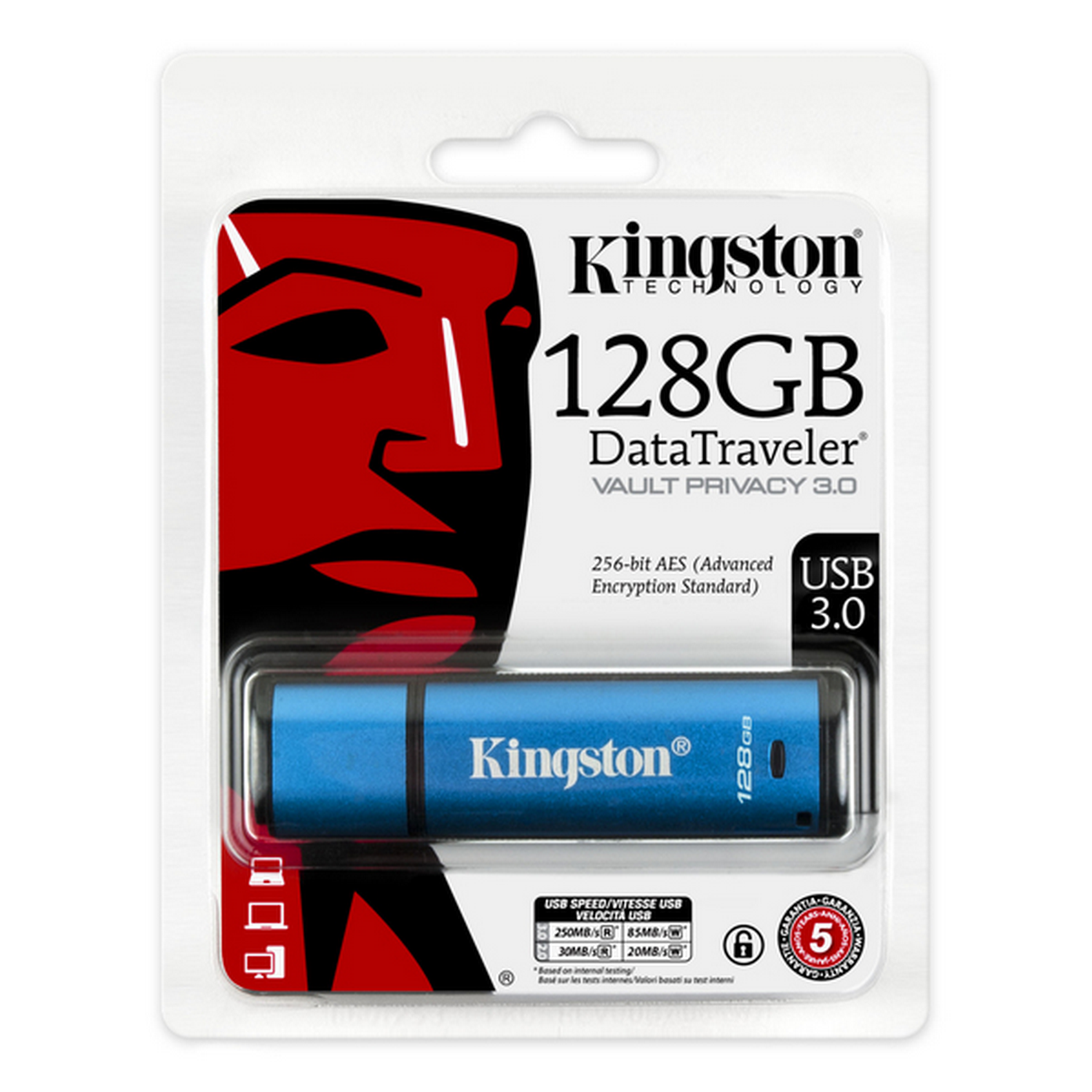 Memoria USB 128 GB - Kingston DataTraveler Vault Privacy 3.0, USB 3.0, Velocidad 30MB/s, Azul