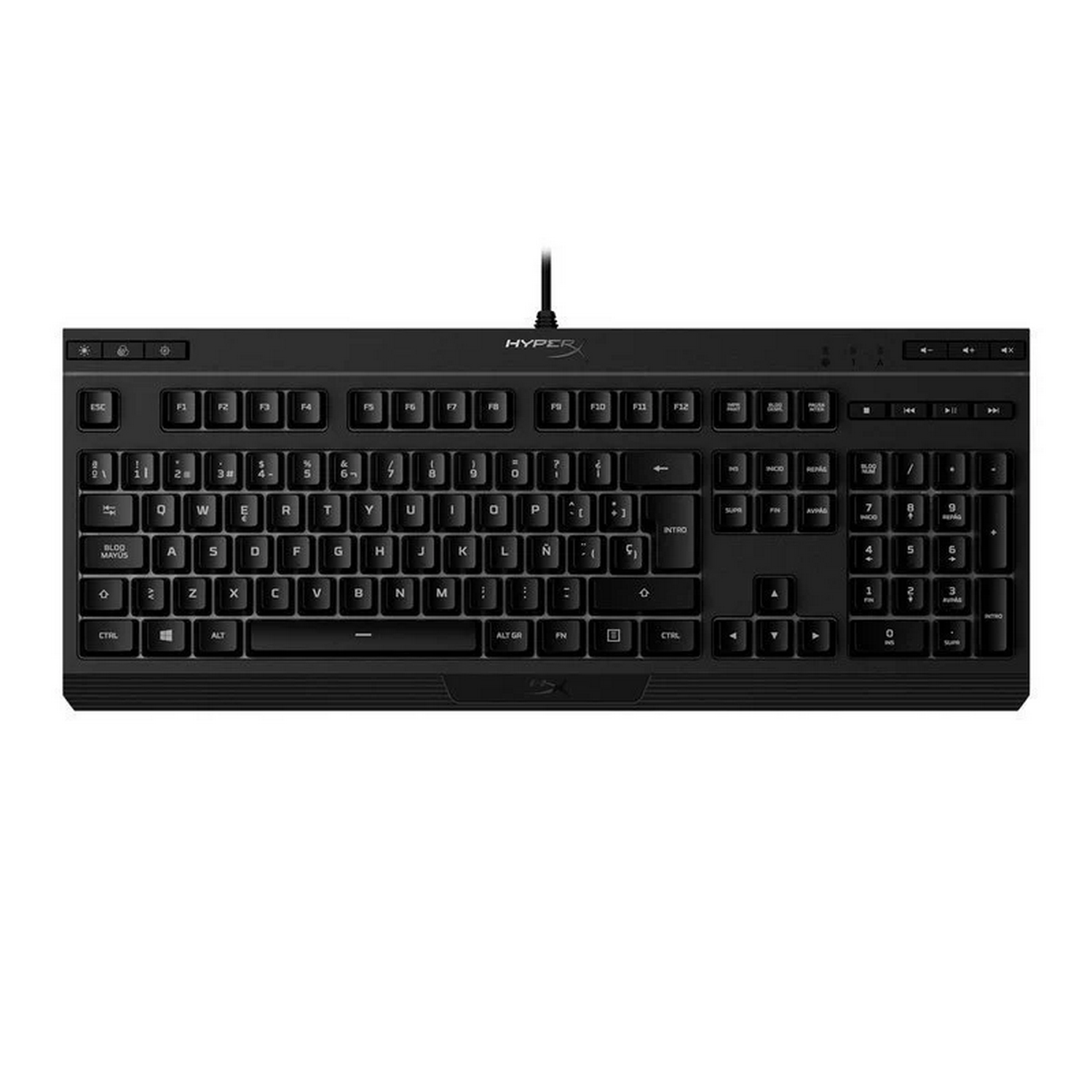 Teclado negro con cable con muchas teclas.