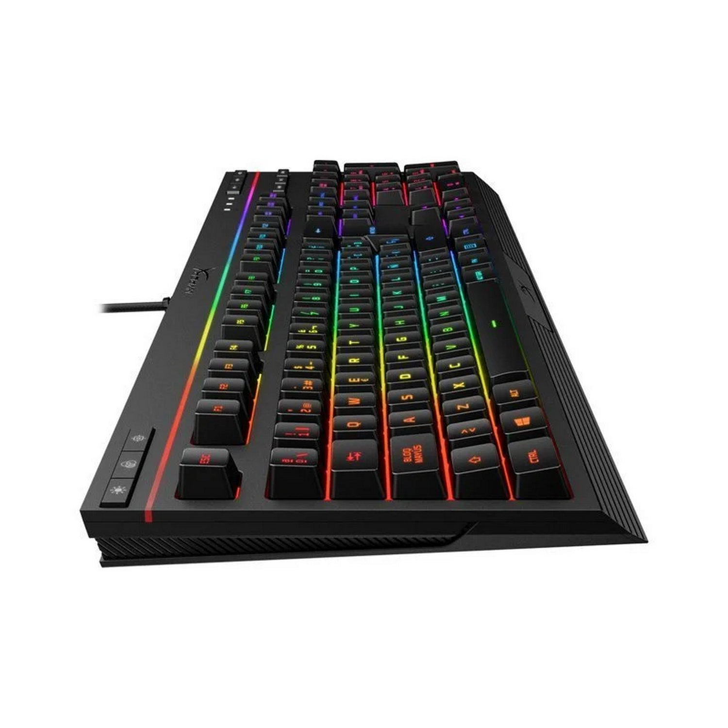 Teclado para juegos negro con teclas coloridas e iluminadas sobre un fondo blanco.