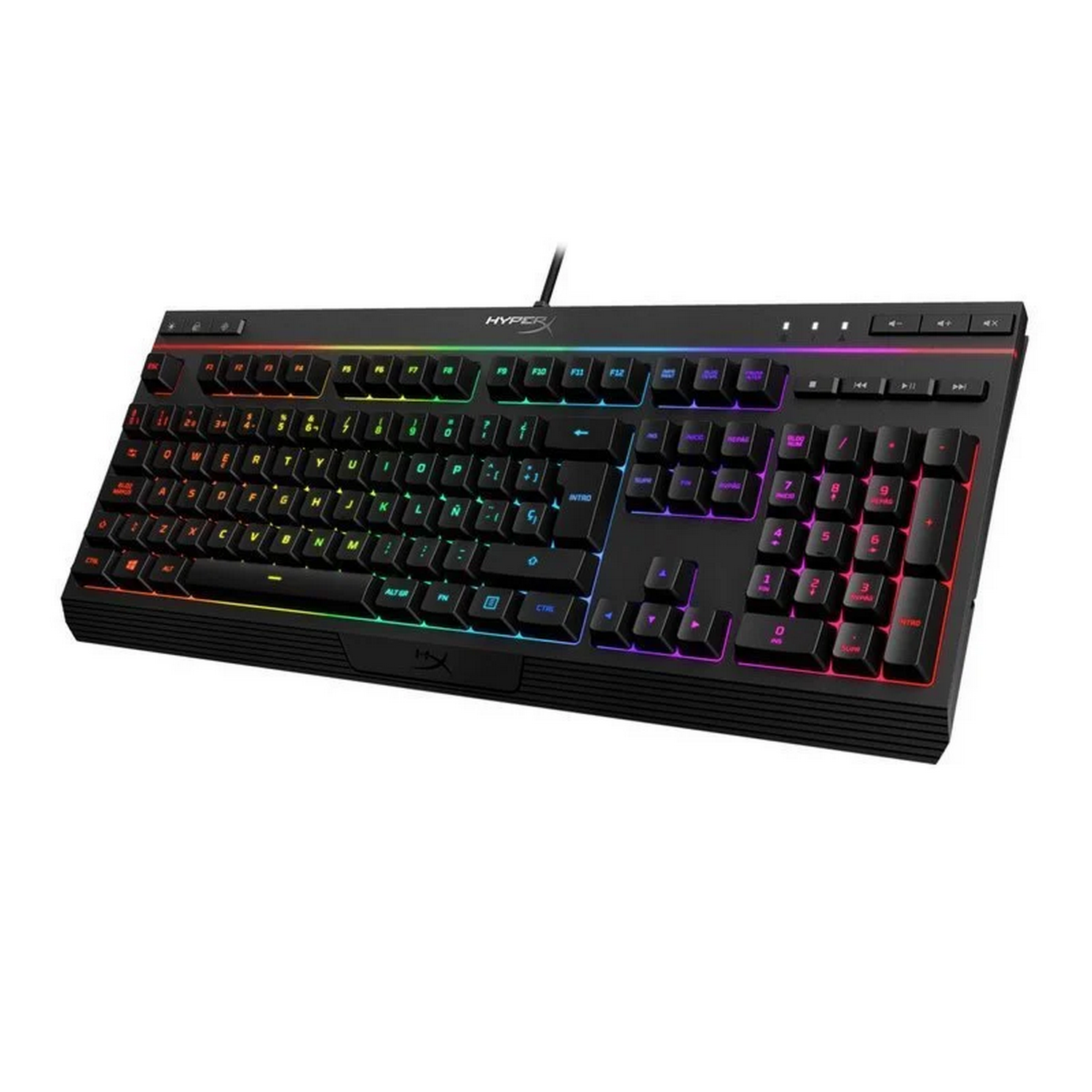 Teclado negro con teclas de colores arcoíris. El logo de HyperX está en la parte inferior.