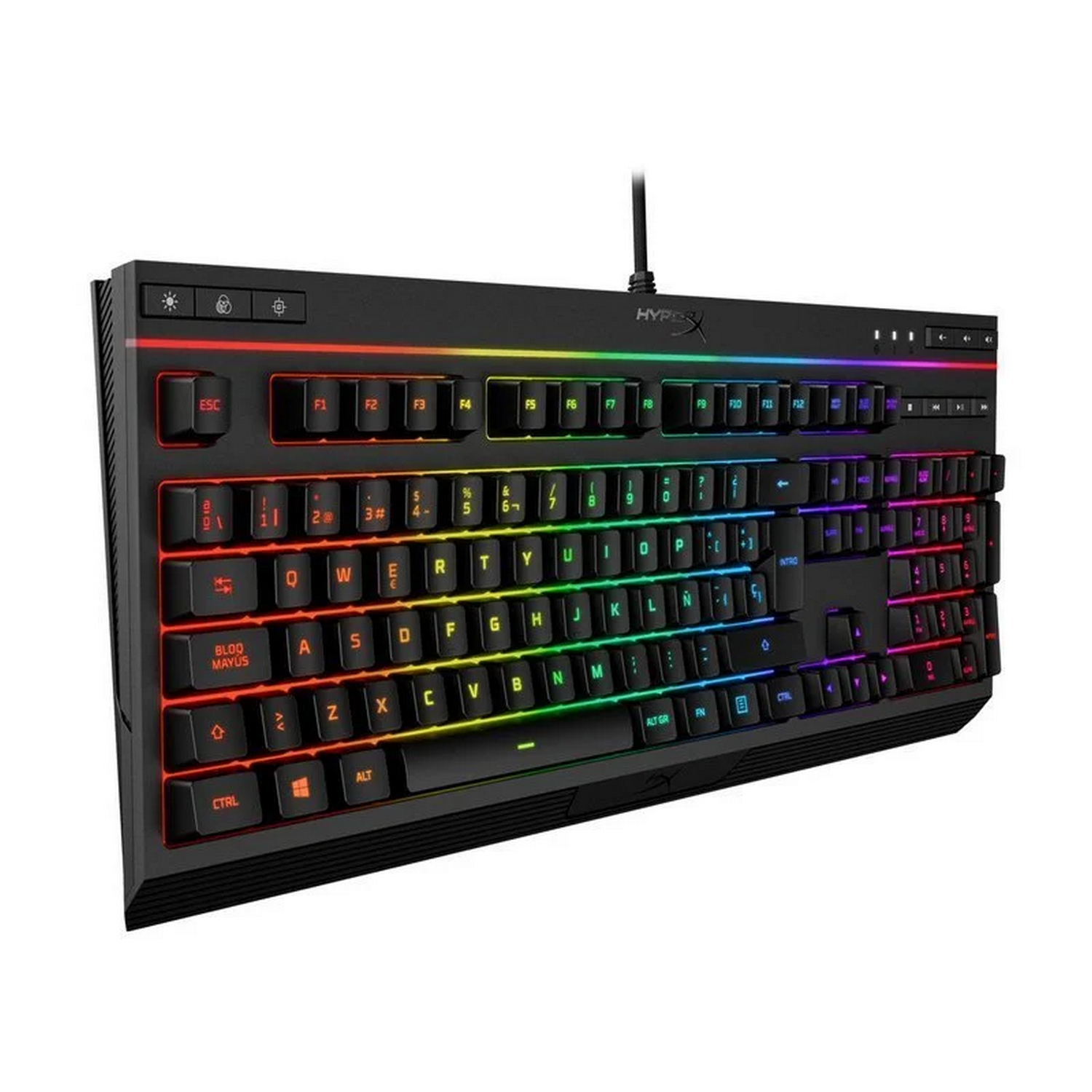 Un teclado HyperX negro con teclas de color arcoíris. Las teclas están iluminadas con diferentes colores.