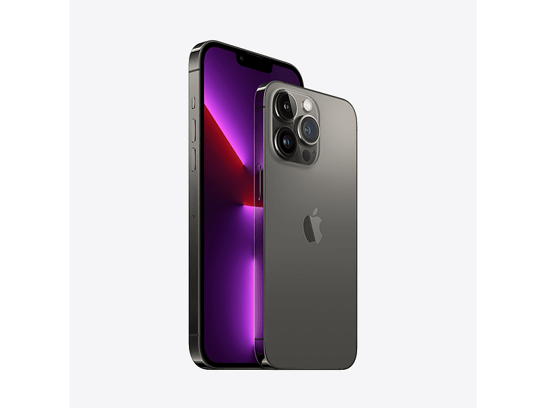 Dos iPhones negros, uno delante, otro detrás. Una pantalla morada es visible.