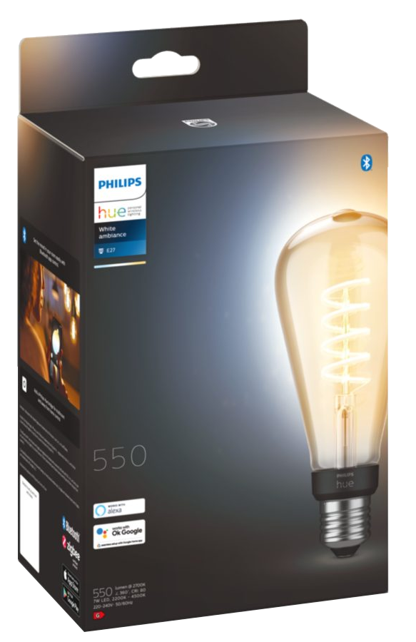 Egy fekete doboz villanykörte képpel és a következő szöveggel: 'PHILIPS hue' és '550'.