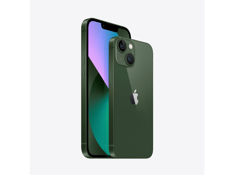 iPhone 13 verde, dos teléfonos, uno inclinado mostrando la pantalla, otro la parte trasera.