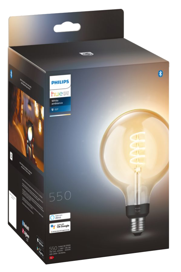 Egy Philips Hue E27 okosizzó egy dobozban. Egy nagy, arany színű izzó látható.
