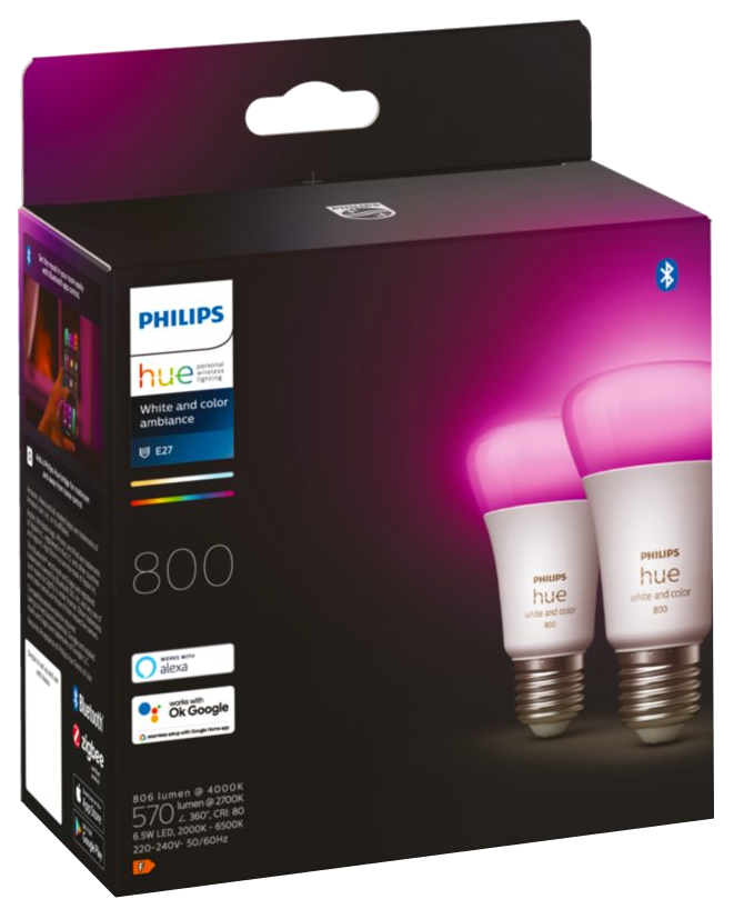 Doboz két Philips Hue okosizzóval. Rózsaszín fény és színes csomagolás.
