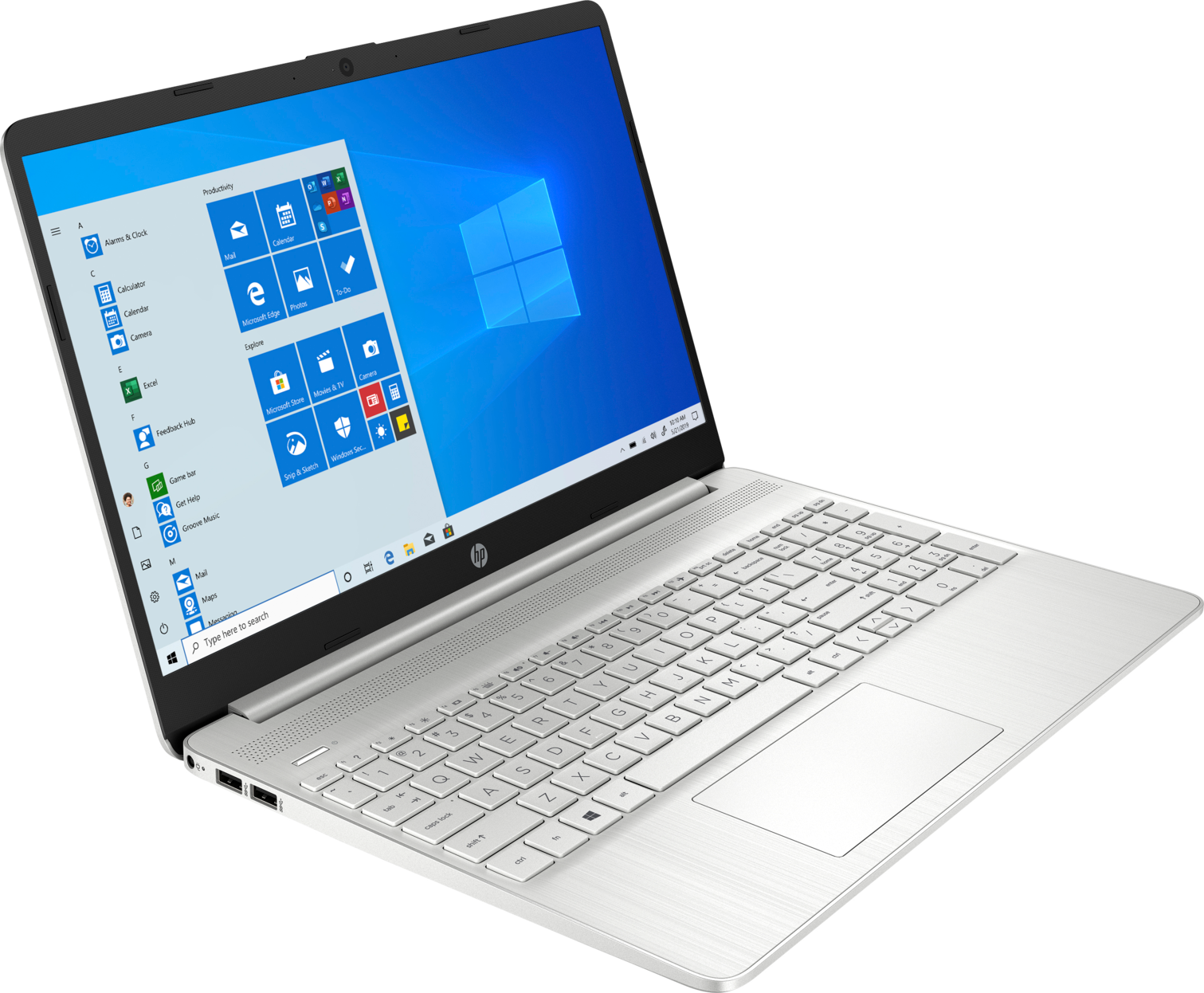 Ezüst laptop nyitva, Windows 10 felülettel. Billentyűzet látható, fehér háttér.