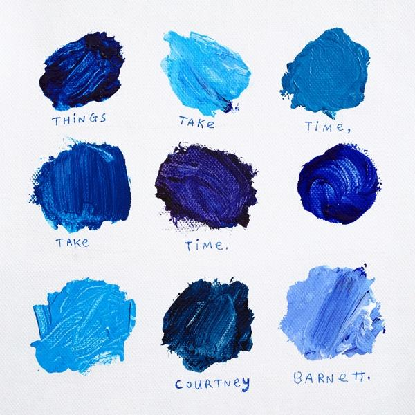 Negen blauwe verfvlekken met handgeschreven woorden, waaronder 'Things', 'Take'.