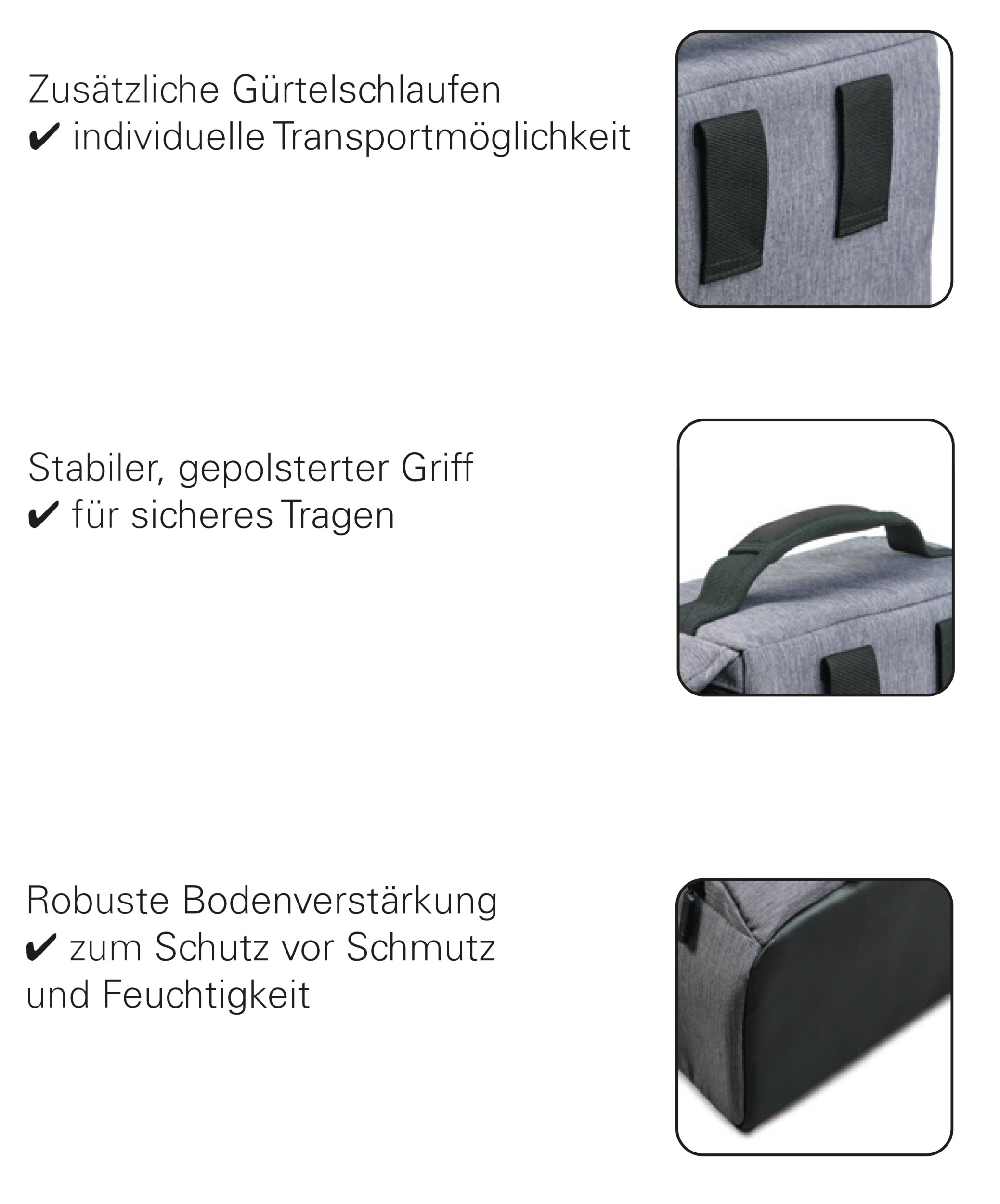 Graue Tasche mit Textbeschreibungen. Text: Gürtelschlaufen, Griff, verstärkter Boden. Schwarz und Grau.