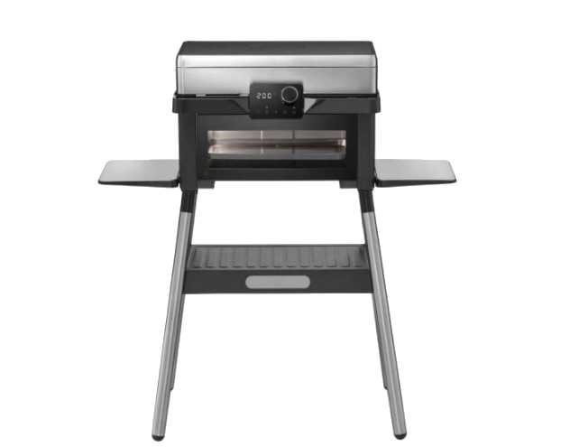 Elektrischer Grill aus Edelstahl und Schwarz mit Ständer. Mit Digitalanzeige und Ablagen.