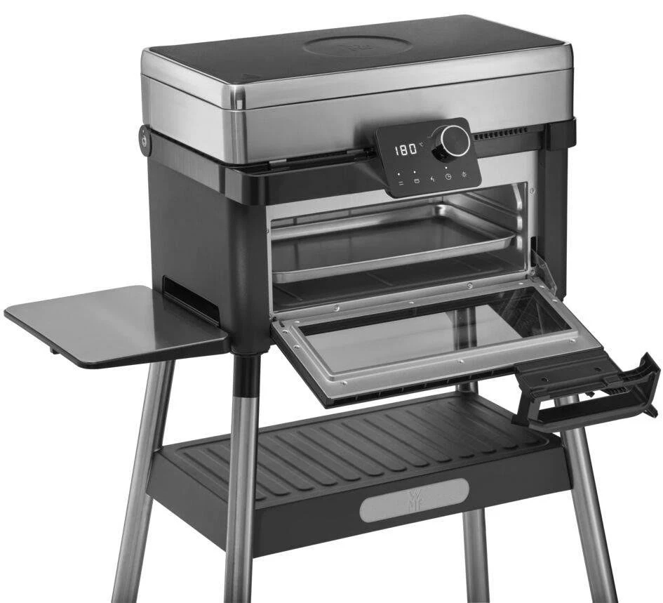Schwarzer und silberner Außengrill mit digitaler Temperaturanzeige.
