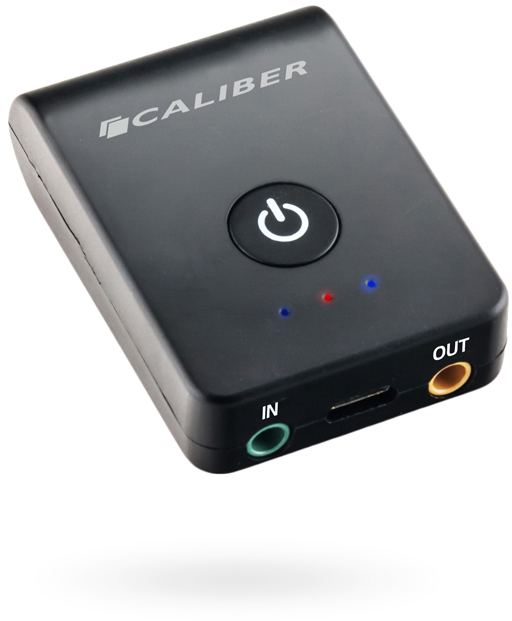 Black device with power button, inputs, and outputs.