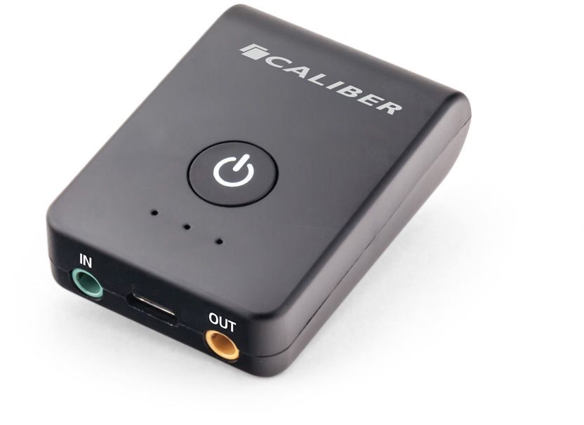 A black Caliber Bluetooth receiver with a power button, input and output ports. It's on a white background.