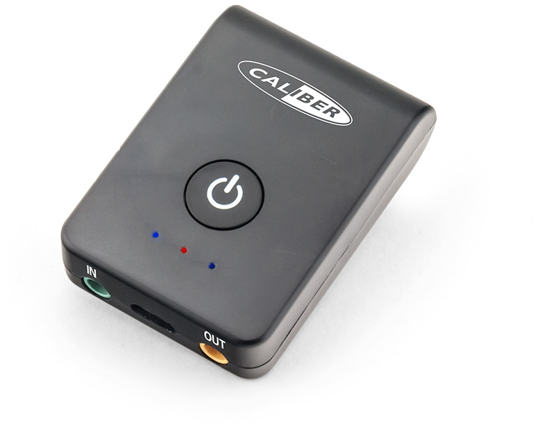 Black CALIBER device with a power button and two indicator lights. It has IN and OUT ports.