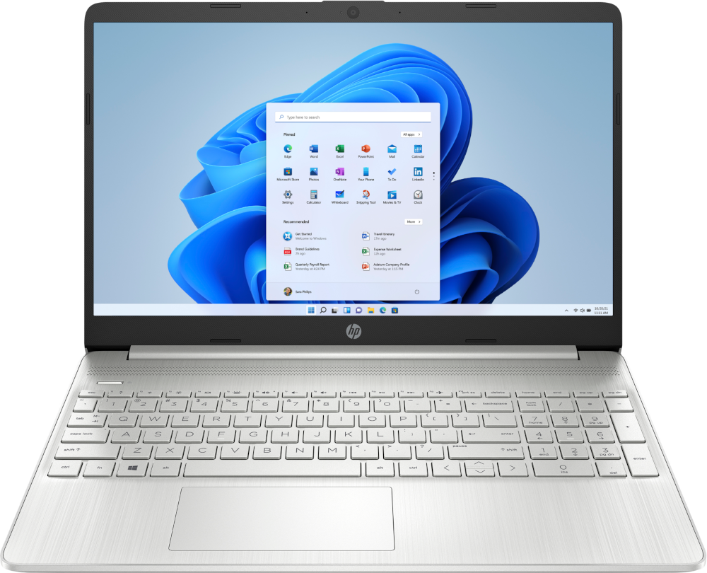 Un ordinateur portable HP ouvert affiche une interface Windows 11. L'écran montre des icônes d'applications et un fond bleu. Le clavier est visible.