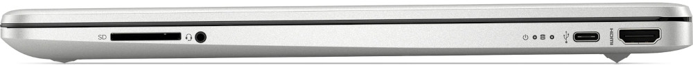 Côté argenté d'un ordinateur portable avec ports : carte SD, prise casque, alimentation, USB-C, HDMI.