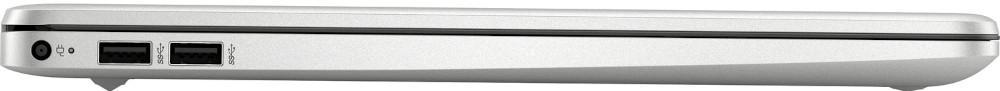 Vue latérale d'un ordinateur portable argenté. Ports audio, USB et alimentation visibles. Design élégant et moderne.