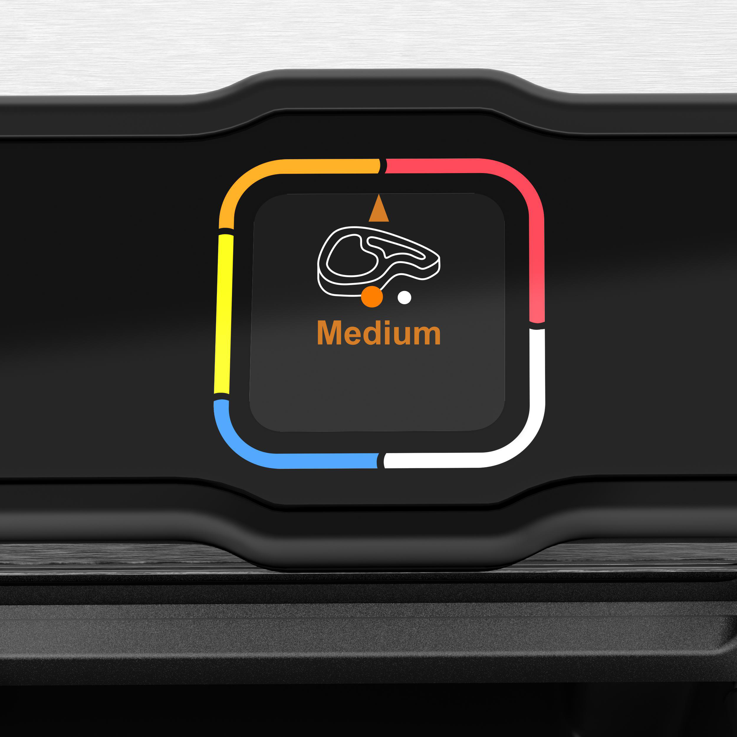 Schwarze Oberfläche mit Medium-Kochtemperaturanzeige. Die Anzeige zeigt ein Steak-Symbol.
