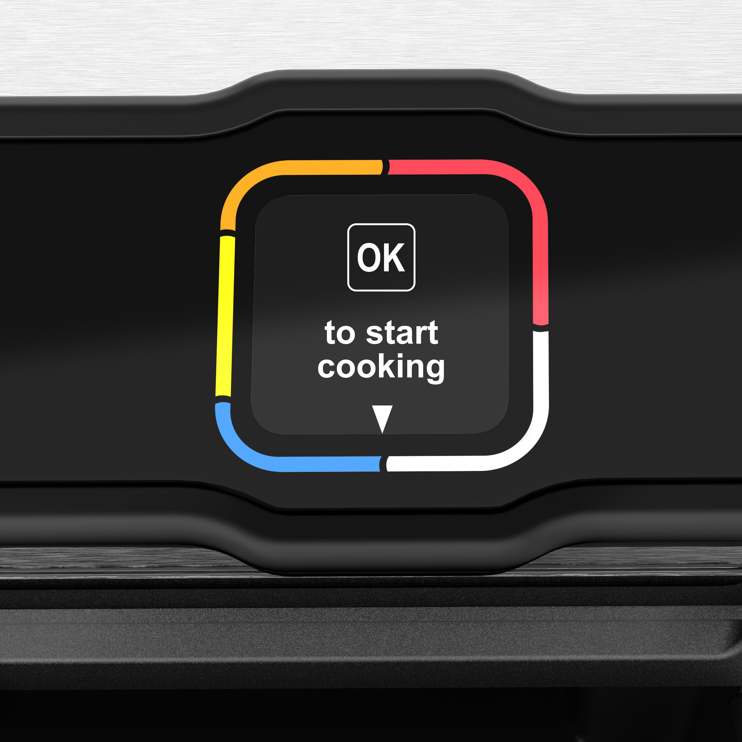 Ein schwarzes Bedienfeld mit OK-Taste und den Worten 'to start cooking'.