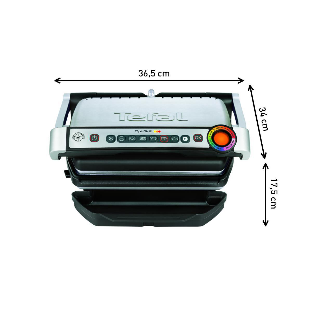 Draufsicht auf einen Tefal OptiGrill mit Maßangaben.