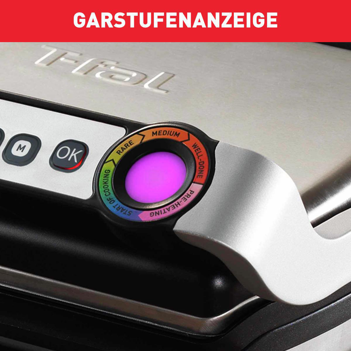 Nahaufnahme eines Grills mit Kochstufenanzeige, die 'Medium' lila beleuchtet zeigt.