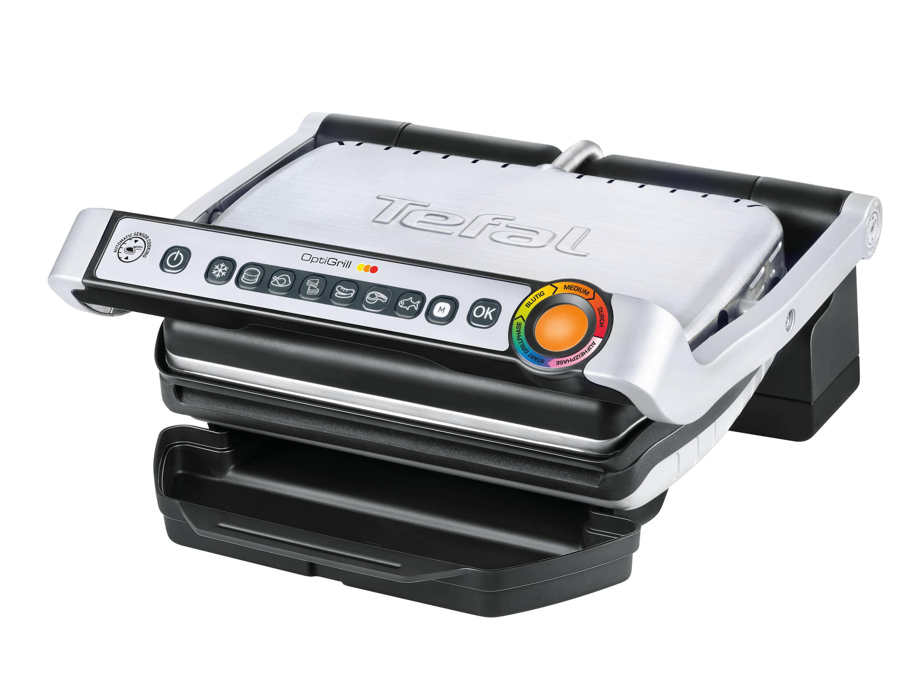 Silberner Tefal OptiGrill mit Bedienfeld. Der Deckel ist geöffnet und gibt die Kochfläche frei. Weißer Hintergrund.