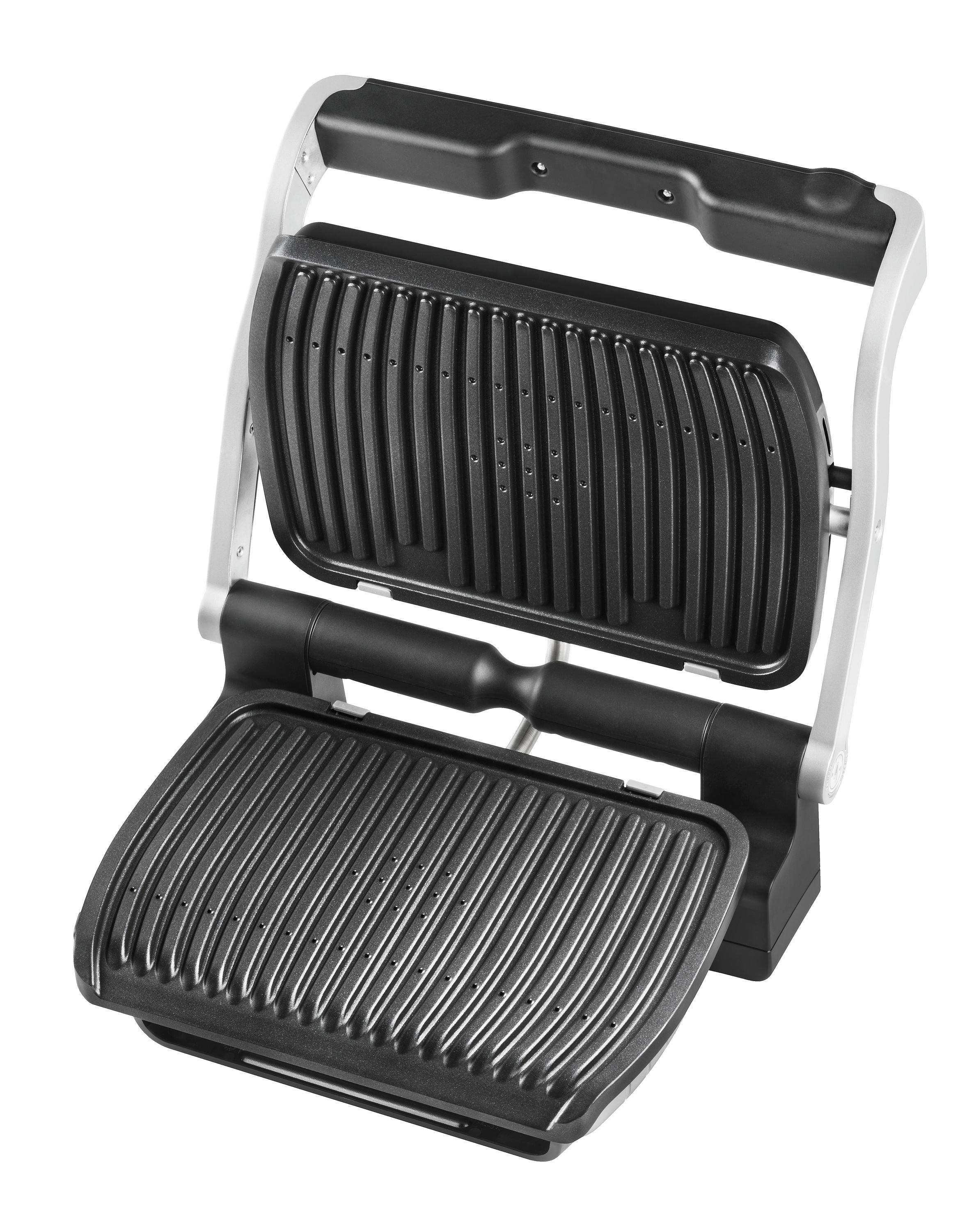Offene Panini-Presse mit schwarzen Grillflächen und Metallrahmen, weißer Hintergrund.
