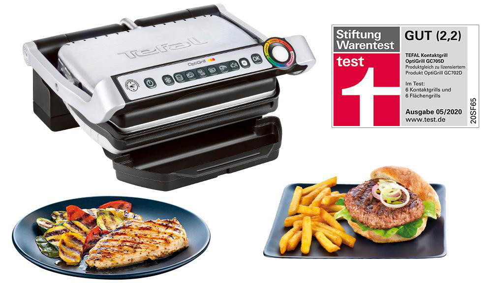 Elektrischer Grill mit gekochtem Essen und Testbewertungslabel.