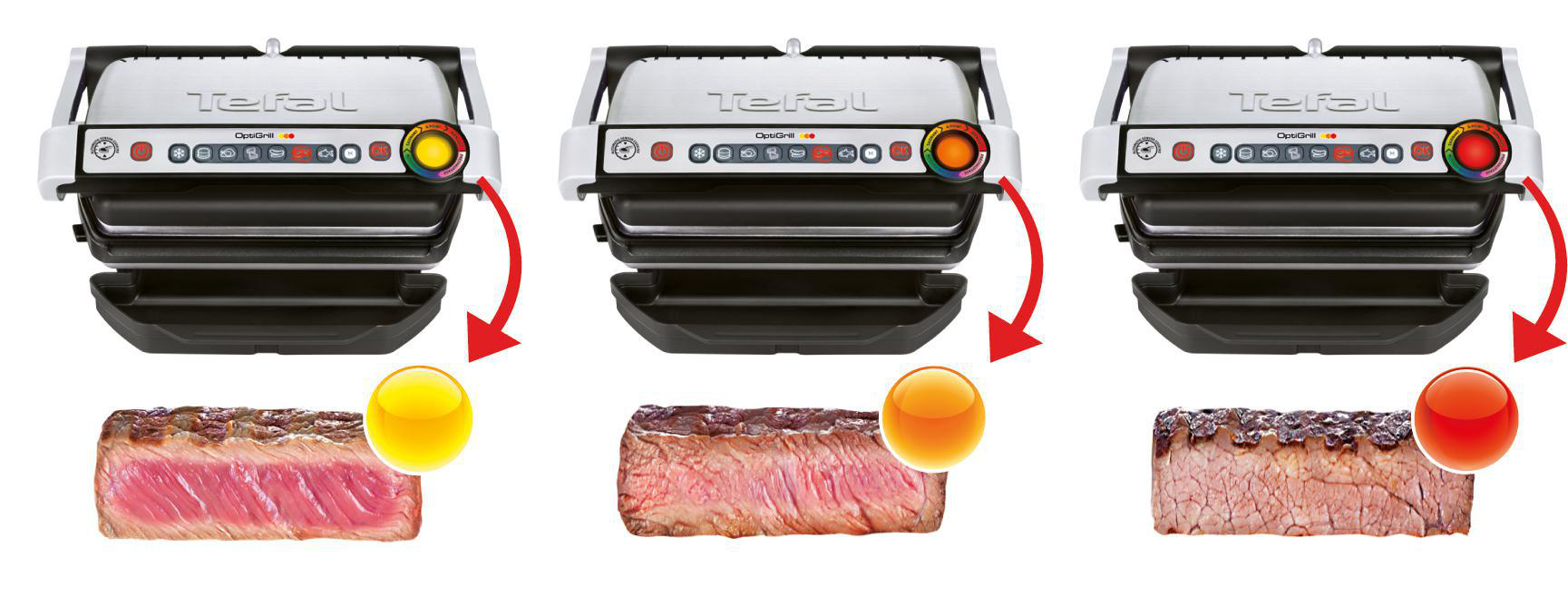 Drei Bilder eines Tefal Grills, die die Stadien des Bratens eines Steaks zeigen.