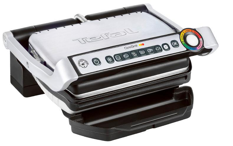 Tefal OptiGrill mit Bedienfeld und offenem Deckel, zeigt eine schwarze Ablage.