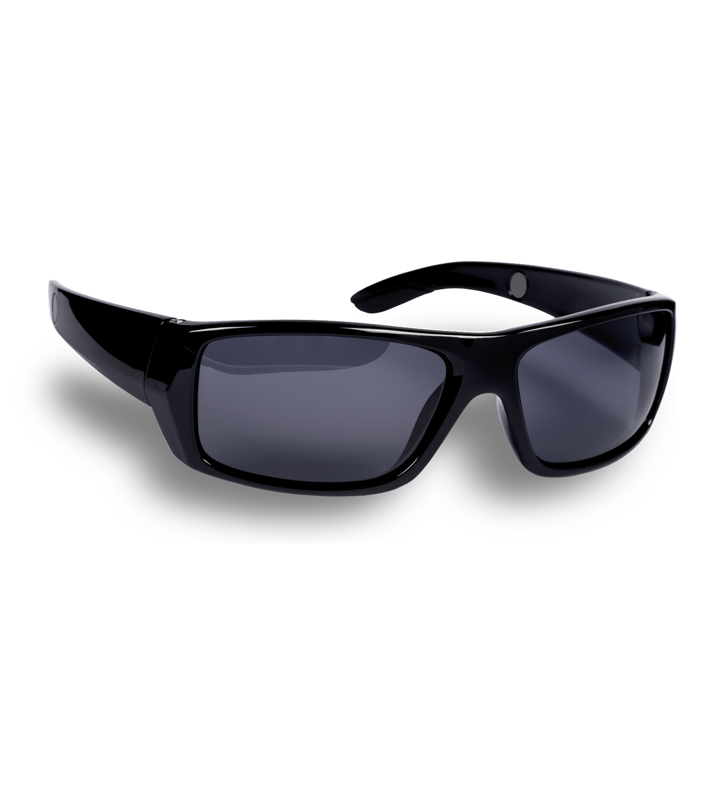 Schwarze Sonnenbrille auf weißem Hintergrund. Die Brille ist rechteckig mit dunklen Gläsern und dickem Rahmen.