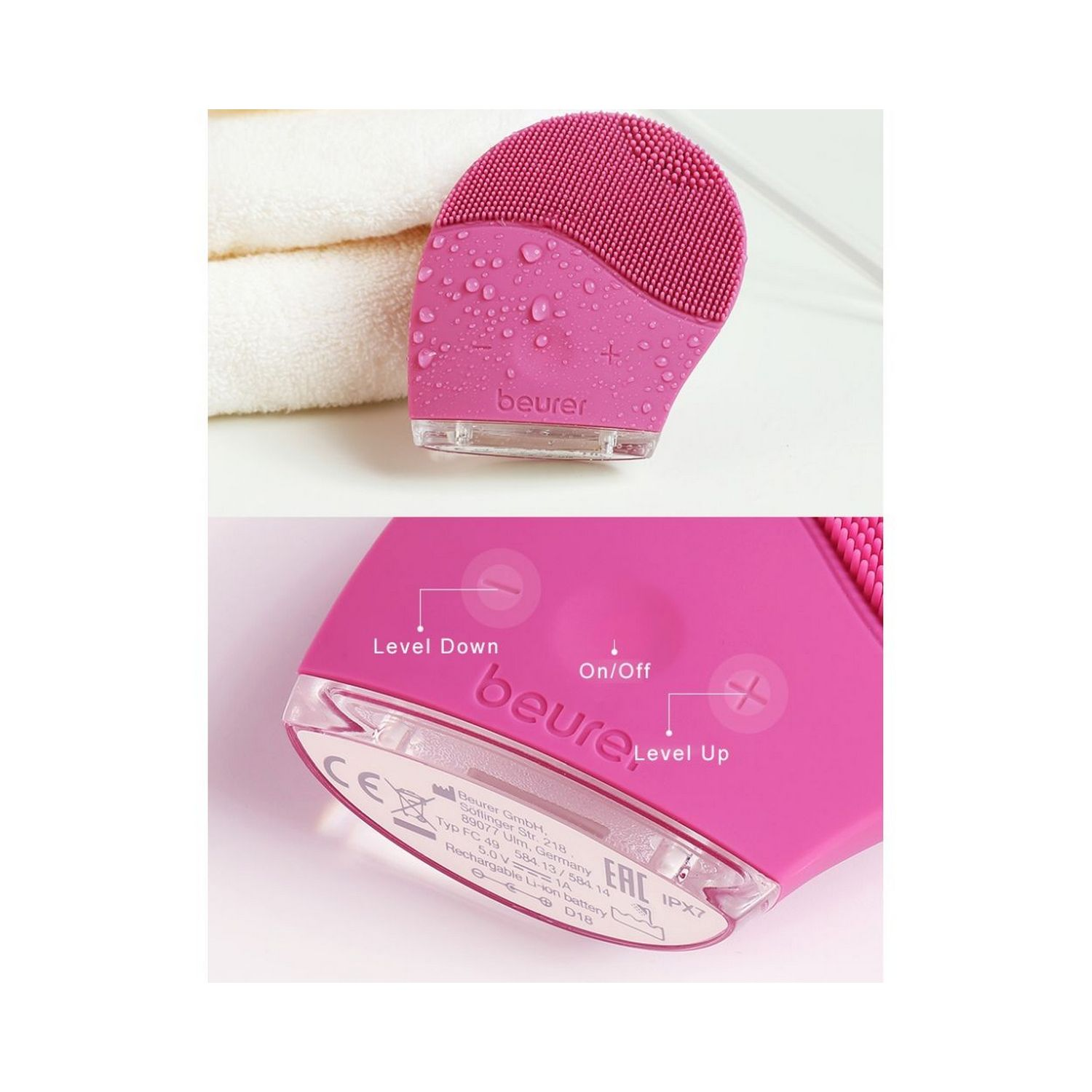 Cepillo de limpieza facial rosa con botones y texto. Arriba cabezal, abajo detalles.