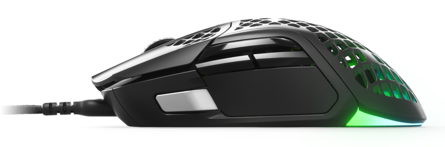 A black gaming mouse with a honeycomb design and neon lighting.