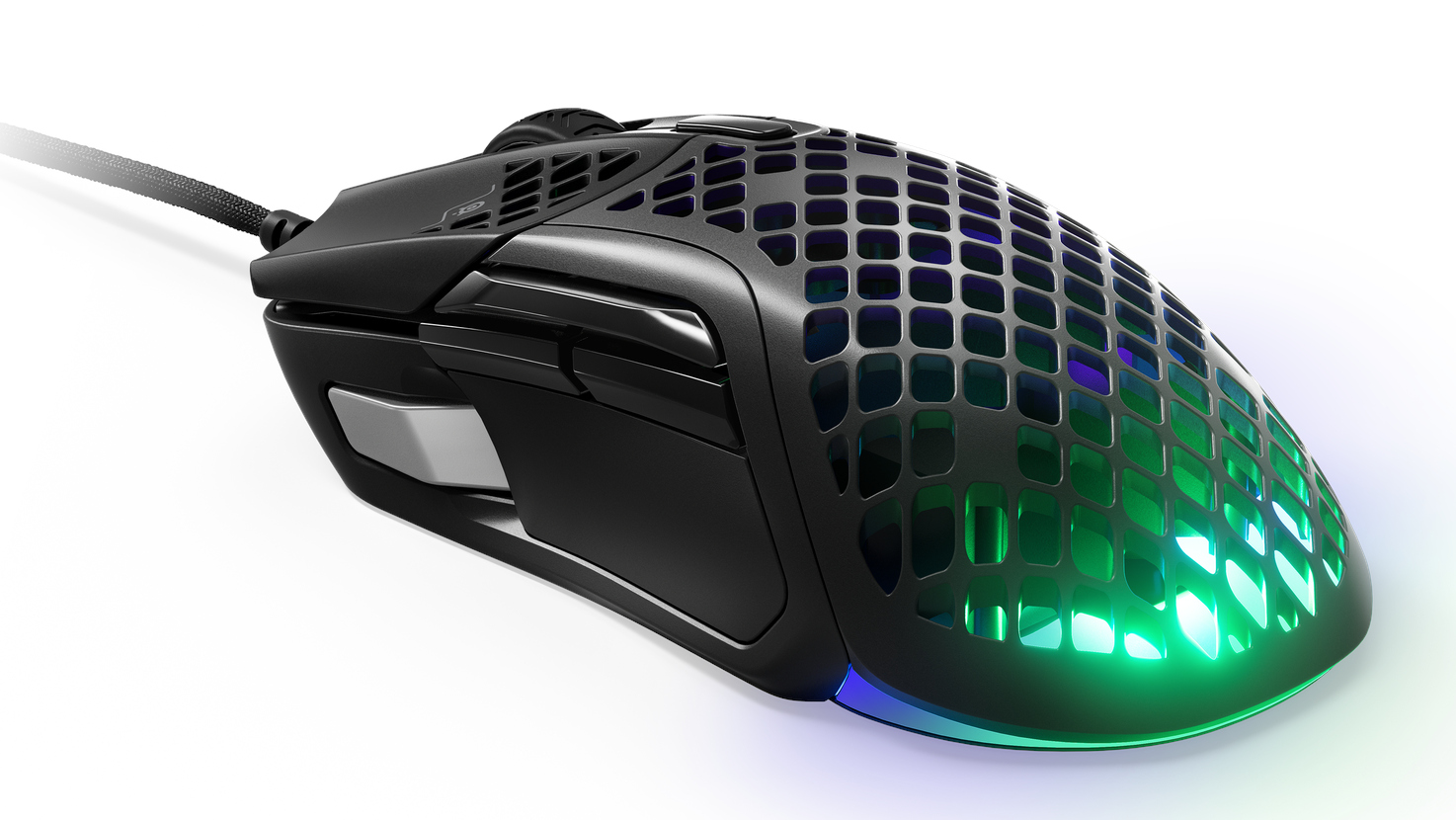 Black gaming mouse with a honeycomb design, RGB lighting, and a connected cable.