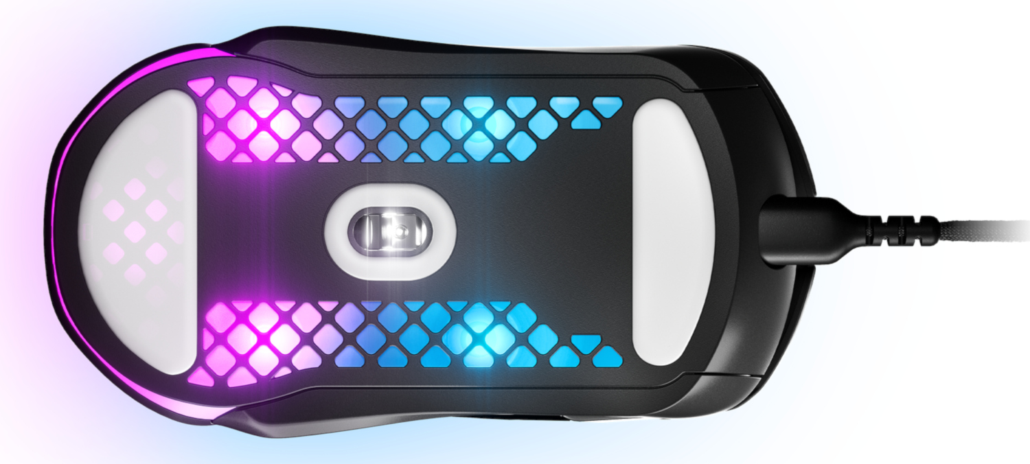 The bottom of a gaming mouse. It has RGB lighting and white feet.