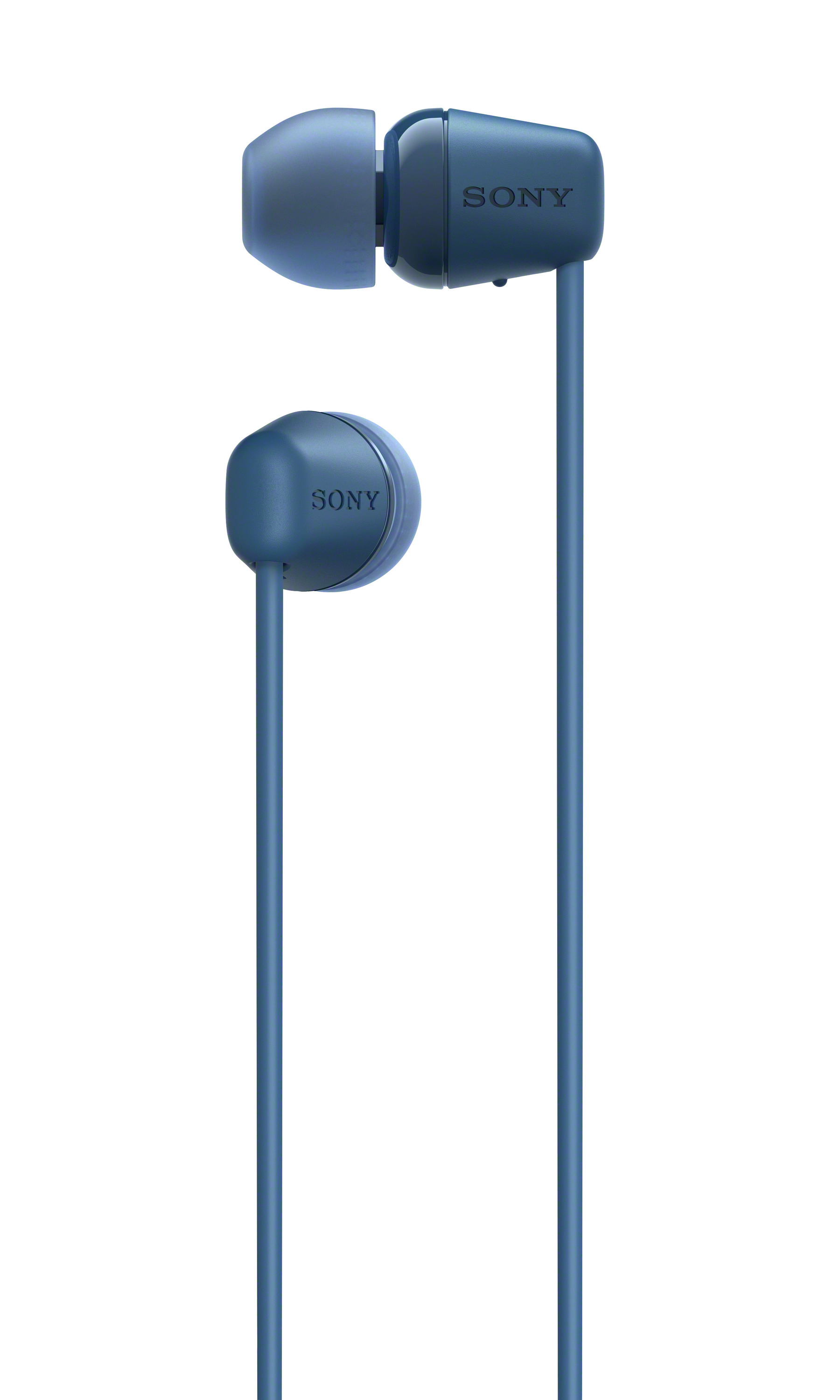 Blauwe oordopjes met een blauw snoer. Merknaam: SONY.