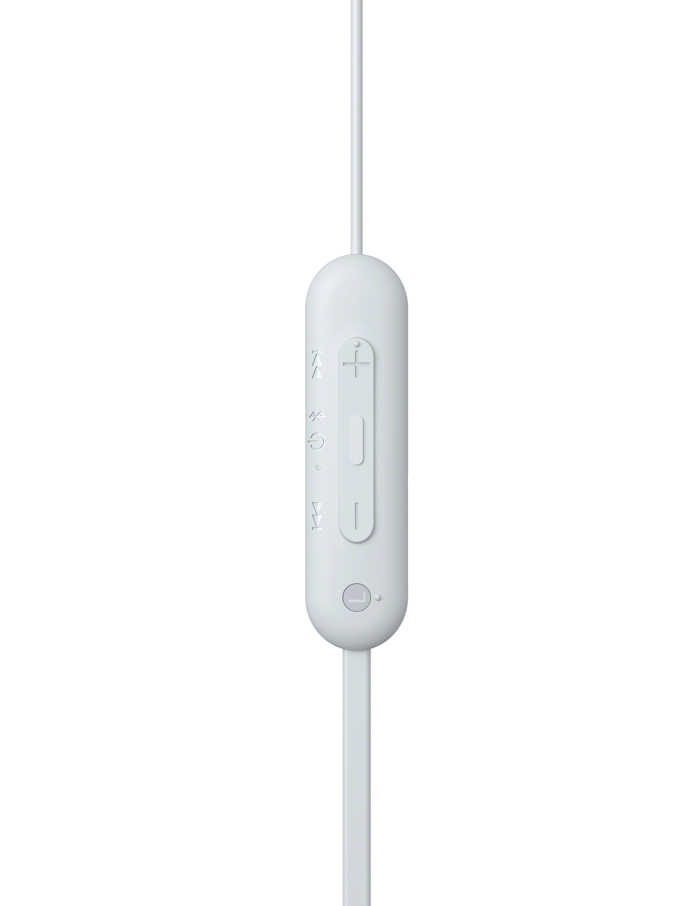 White in-line control for headphones with volume buttons, and other function buttons.