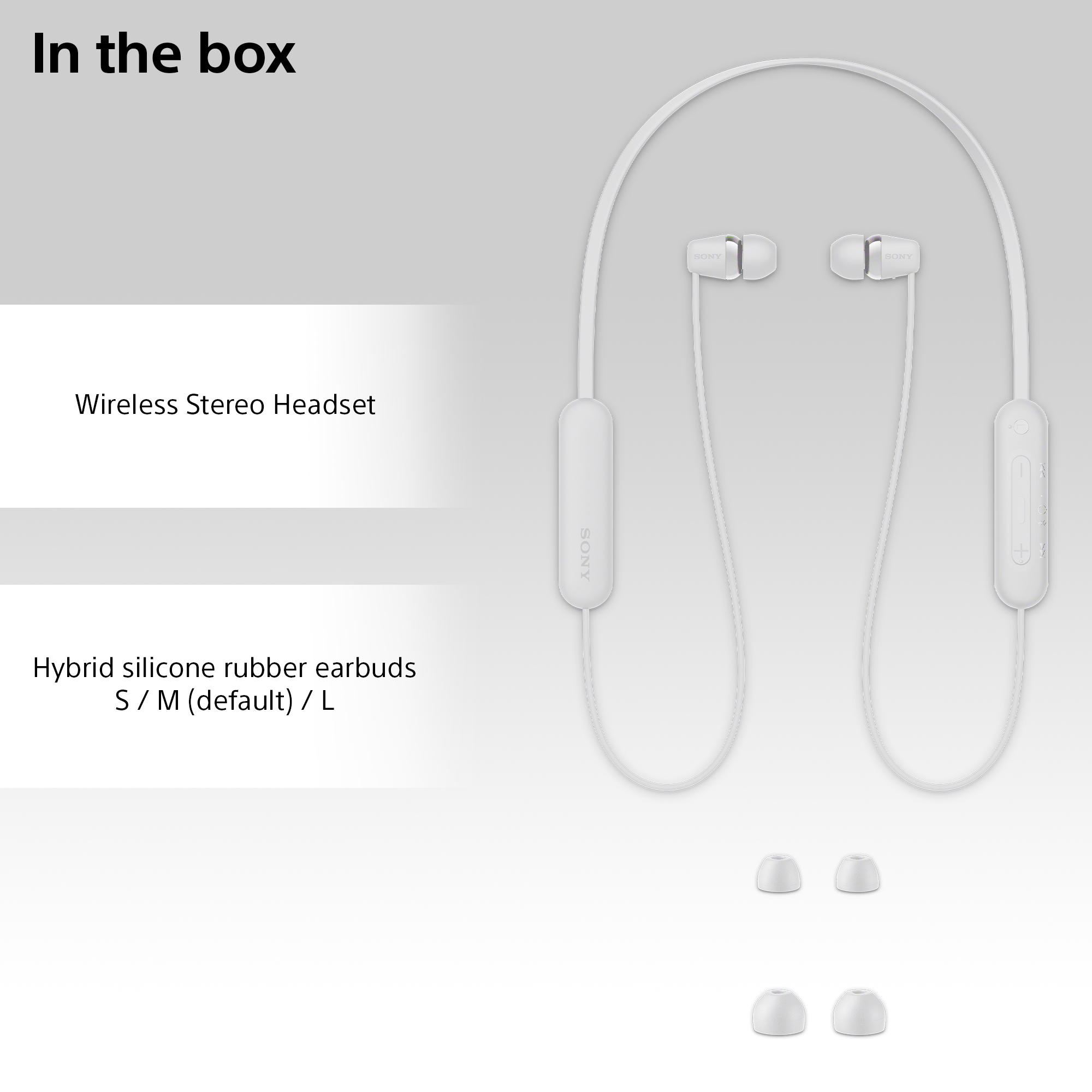 White Sony wireless stereo headset with earbuds.
